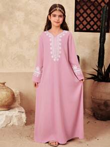 SHEIN Tween Girl Loose Casual V-Neck Long Sleeve Embroidery Dress