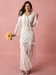 Enchnt Jupe à cordon de serrage blanc à motif de feuille de lotus romantique pour femmes, pour le printemps et l'été. Portez au quotidien, doux et élégant pour la Saint-Valentin, les vacances, les rendez-vous doux et les sorties quotidiennes.