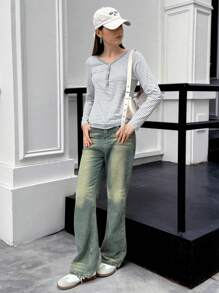 INAWLY Camiseta casual de mujer con rayas y parches, 2 en 1 para otoño
