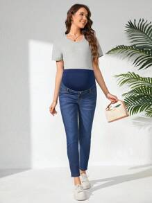 SHEIN Adjustable Waist Maternity Casual Denim Skinny Pants - Medium Wash - View 5