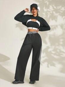 Damen Jogginghose mit Kordelzug an der Taille, seitlichen Streifen und weitem Bein