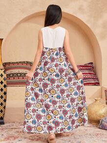 SHEIN Tween Girls' Loose Casual Minimalist Comfort Round Neck Pattern Patchwork Color Block Sleeveless Dress - Apricot - View 2