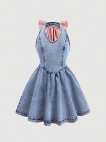 SHEIN Girlism Vestido de princesa de niña preadolescente con estilo Y2K, de bloqueo de colores, con lazo dulce, cuello halter, para primavera/verano, ropa de rave, atuendos de festival, ropa de primavera