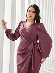 SHEIN PETITE CURVE Vestido de mujer talla grande de manga farol elegante con nudo lateral y envolvente