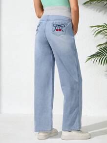 SHEIN Moderskap Tvåfärgad justerbar midja fickor med raka ben Casual jeans - Ljustvätt - Visa 2