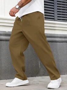 Manfinity Homme Plus Size Men's Solid Color Drawstring Waist Pocket Casual Loose Pants - Brown - View 3