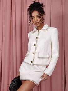 COSMINA Women's Modest Autumn Long Sleeve Button-Up Patchwork Ribbon Casual Blazer - Cream - View 1