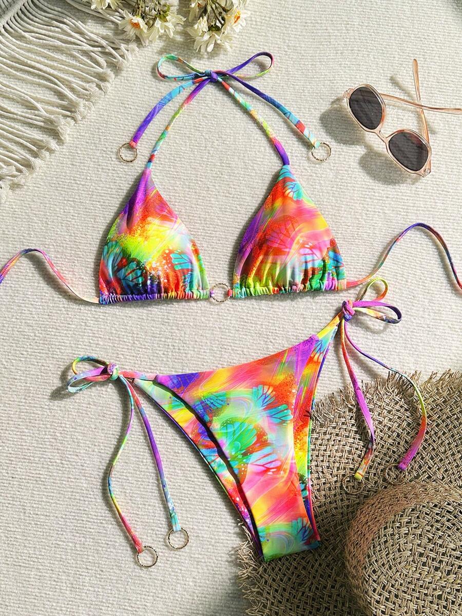 SHEIN Swim Bộ bikini dây buộc bên hông phong cách Boho cho nữ, lễ hội mùa xuân, cổ yếm, họa tiết bướm, ngẫu nhiên, dành cho kỳ nghỉ hè ở bãi biển - Nhiều màu - Xem 1