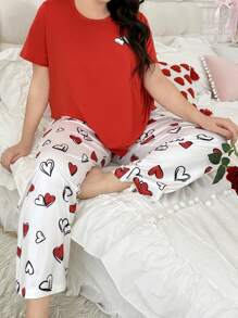 2 pièces/Set Pyjama avec short et manches courtes, décor mignon en forme de cœur