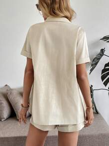 Calvaya Conjunto de 2 piezas de camisa de manga corta con bolsillo y shorts de fibra de bambú informal y básico para mujer, primavera/verano