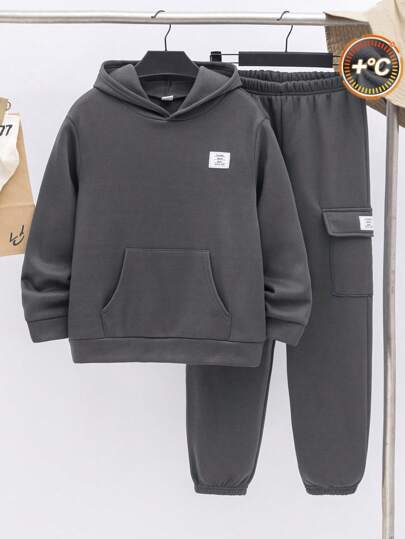 SHEIN Tween Boys 2pcs Set: Hoodie Sweatshirt & Jogger Pants, Economic Back To School Outfit For Casual Wear, Commute, Sports, Suitable For Fall & Winter Seasons