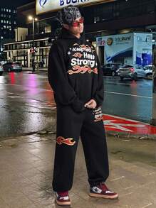 Manfinity VCAY Men's Letter Print Loose Knit Long Sleeve Hoodie Set, For Fall Winter - Black - View 2