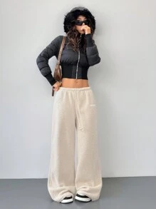 SHEIN EZwear Pantalones rectos/con puños básicos de vestir diaria estilo athleisure con bordado de felpa para mujer