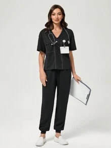 TaskEZ 2pcs/Set Women's Contrast Color V-Neck Short Sleeve T-Shirt And Drawstring Scrub Pants Scrub Uniform - Black - View 6