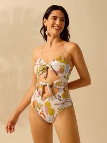 CAJUNI Maillot de bain une pièce pour femmes, style bohème imprimé, pour les vacances, tenue d'été décontractée, plage, avec liens et découpages