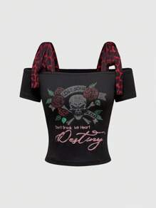 ROMWE Goth Y2K Millennium Red Leopard Print Tie-Up Patchwork Skull Rose Rhinestone T-Shirt - Black - View 1