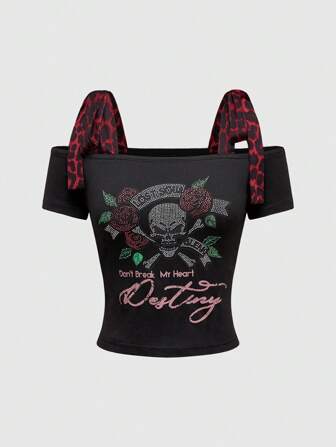 Goth Camiseta con estampado de leopardo rojo del milenio Y2K, empalme con lazo, calavera y rosas con rhinestones