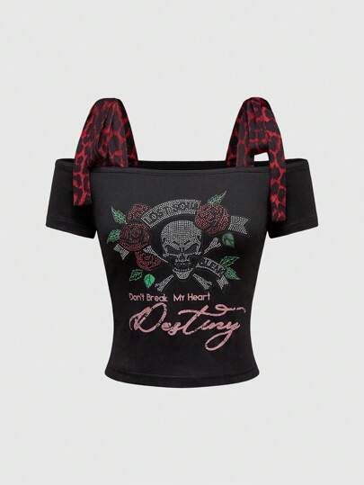 Goth T-shirt à imprimé léopard rouge de style Y2K Millennium, avec patchwork, nœud, crâne et rose avec strass