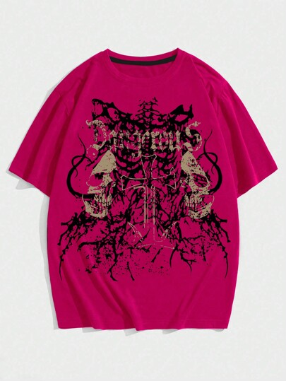 Goth Herren lässiges Rundhals-T-Shirt mit Kurzarm, Buchstaben- und Schädel-Grafik