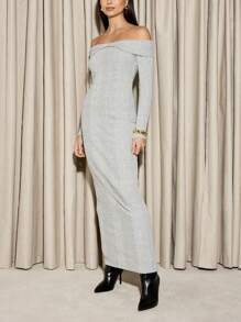 AiiRZ Ribbed Bardot Maxi Dress Long Sleeve Off Shoulder Evening Bodycon Dress Winter Holiday Party Formal Elegant Full Length Knit Dress