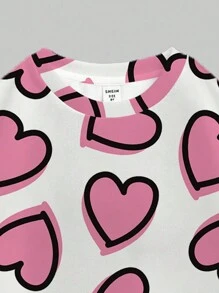 SHEIN Leap Crew 2件套可爱手绘爱心印花套装，粉色，情人节，少女休闲圆领舒适长袖卫衣和打底裤