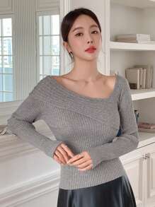 DAZY 1pc Women Solid Color Asymmetric Slim Fit Casual Sweater, Long Sleeve,Fall Clothes - Grey - View 1