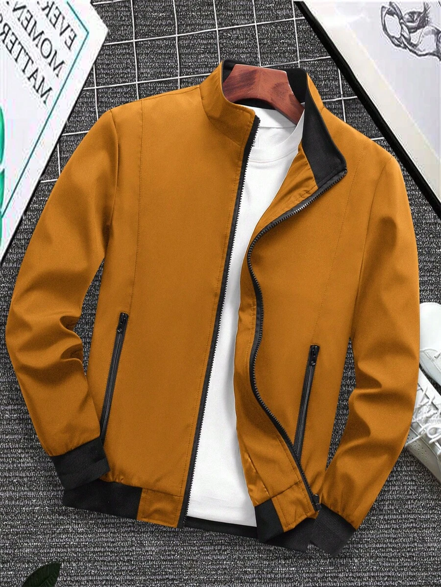 Calvornis Chaqueta cortavientos holgada para hombre con bolsillo en diagonal y cremallera, sin camiseta - Naranja - Ver 1