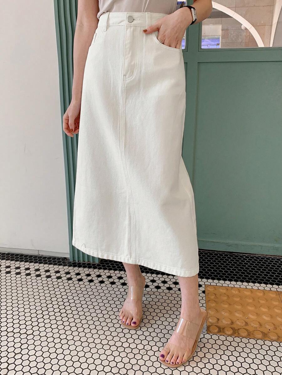 DAZY 纯色开衩口袋女士直筒长款休闲牛仔裙 - 白色 - 查看 1