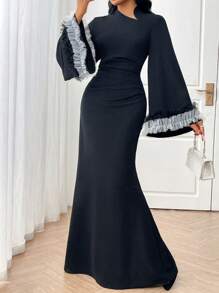 Modelyn Women's Plain Color Patchwork Long Sleeve Simple Casual Dress Long Evening Dresses - Black - View 4