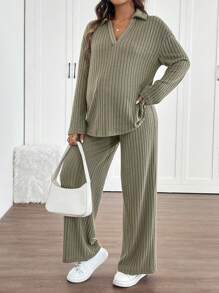 SHEIN 2pcs/Set Loose Maternity Shirt With Epaulet Sleeves And Adjustable Waistline Straight Pants Set, Autumn - Green - View 4