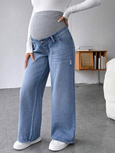 SHEIN Maternity Loose Straight Leg Jeans With Elastic Waistband