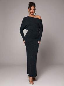 SHEIN BAE 女士纯色深灰色花卉不对称领长袖紧身不对称肩部性感时尚连衣裙，适合鸡尾酒会、浪漫约会、秋冬分层连衣裙、派对、婚礼伴娘、万圣节、圣诞节 - 深灰色 - 查看 2