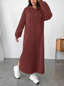 SHEIN EZwear Vestido casual con capucha y bolsillos para mujer talla grande, vestido sudadera de manga larga con corte holgado y detalle de abertura, apropiado para uso diario, otoño/invierno