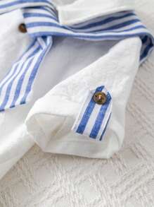 Bộ 3 áo cardigan cổ tròn tay ngắn cho bé trai, khăn choàng sọc, quần short sọc cạp chun - Xanh và trắng - Xem 3