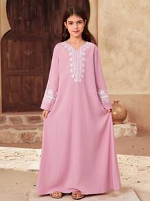 SHEIN Tween Girl Loose Casual V-Neck Long Sleeve Embroidery Dress