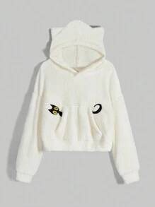 ROMWE Kawaii Women's Long Sleeve Pocket Simple Cat Embroidery Casual Hoodie Sweatshirt - Beige - View 1