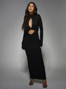 MISSGUIDED Sultry High Neck Cut-Out Long Sleeve Ribbed Bodycon Maxi Dress Evening Party Form-Fitting Elegant - Black - View 1