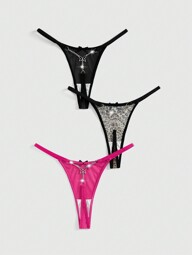 Kawaii 3 pièces ensemble de culottes tanga à liens contrastants imprimé léopard et chaîne métallique avec motif papillon dans le style Y2K Gyaru