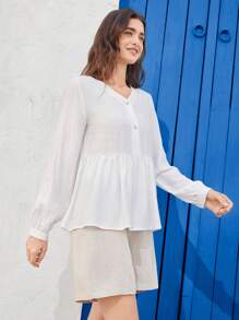 EMERY ROSE Women's Solid Color Button Front Long Sleeve Pleated Simple Casual Shirt - White - View 3