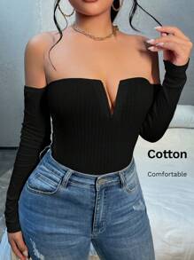 SHEIN SXY Camiseta De Manga Larga De Punto Con Cuello Descubierto - Negro - Ver 6