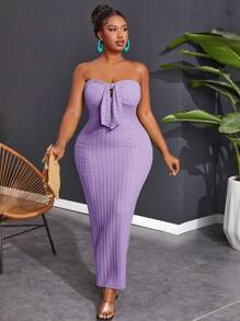 Slaydiva Plus Size Women Solid Color Elegant Bandeau Bodycon Mini Dress - Mauve Purple - View 1
