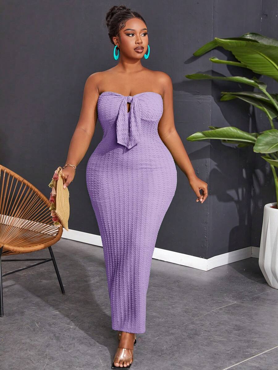 Slaydiva Plus Size Women Solid Color Elegant Bandeau Bodycon Mini Dress - Mauve Purple - View 1