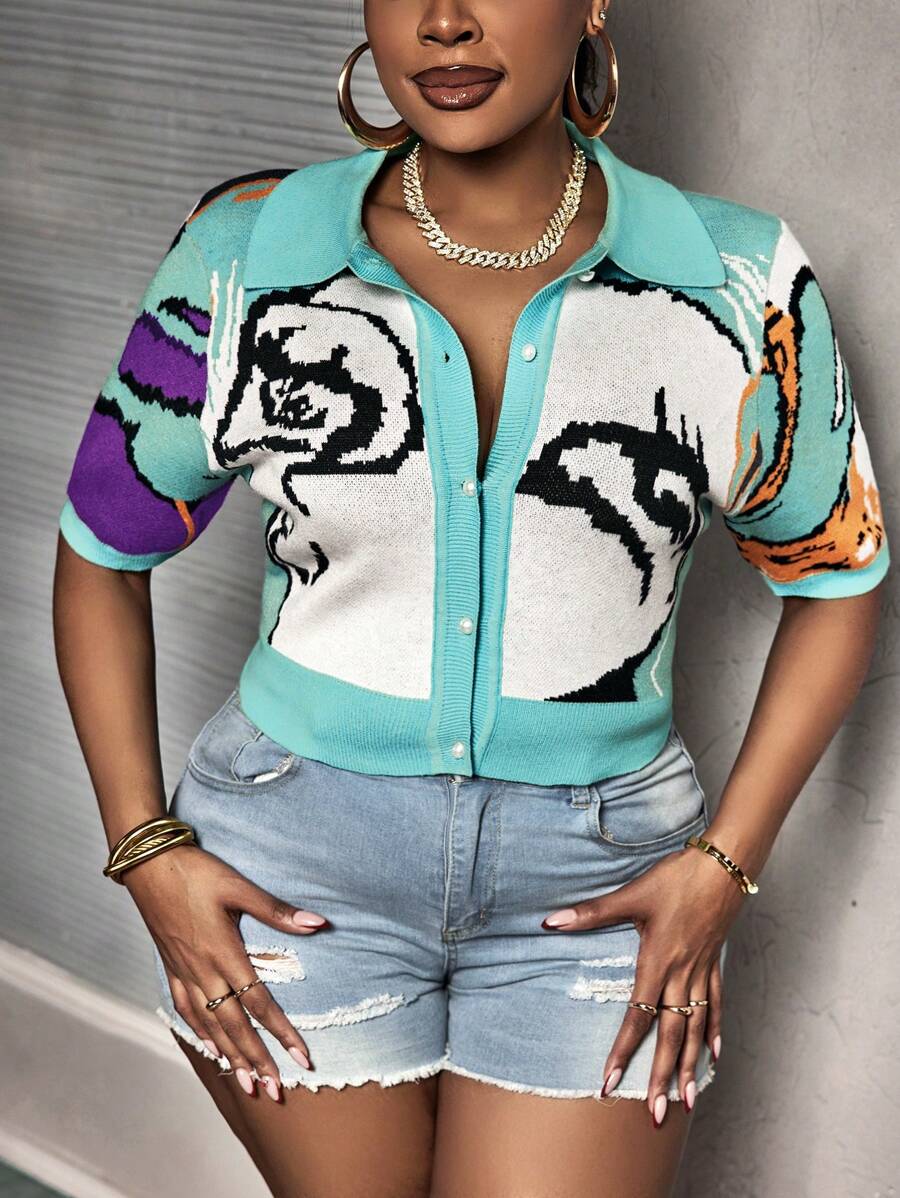 Slaydiva Plus Women Summer Short Sleeve Single-Breasted Slim Crop Cardigan With Abstract Face Pattern - Mint Green - View 1