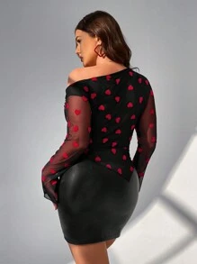 SHEIN Privé Atasan Lengan Panjang Ukuran Besar Elegan Minimalis Romantis Chic Y2K Motif Hati Jala Berbulu dengan Hem Berkerut Asimetris untuk Hari Valentine - Hitam - View 3