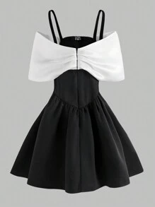 Young Girl Contrast Color Bow Design Off Shoulder Fashionable Dress - Multicolor - View 2