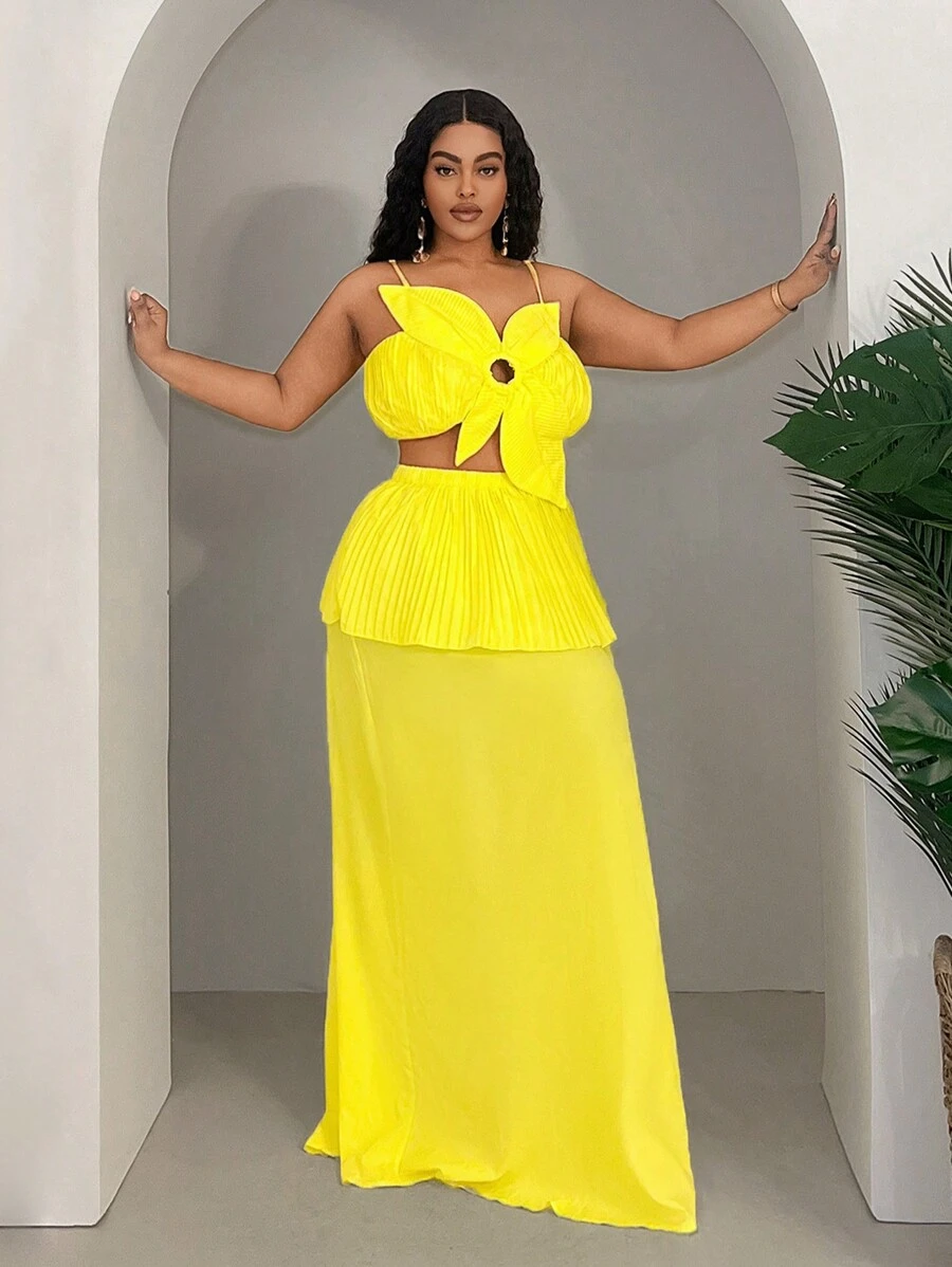 Slaydiva Yr New 2025 Curve Plus Size Women's Romantic Vacation Set: Ruched 3D Floral Camisole Top And A-Line Skirt - 2pcs Maxi Dress Spring/Summer - Yellow - View 1
