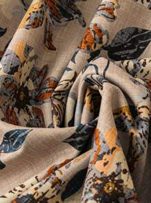 SHEIN LUNE 花卉印花 V 领 A 字形修身长袖中长连衣裙，大码波西米亚女牛仔装老钱节波西米亚西部服饰女士嬉皮士夏季波西米亚老钱夏季女士春假狂欢装节日春假装 - 杏色 - 查看 4