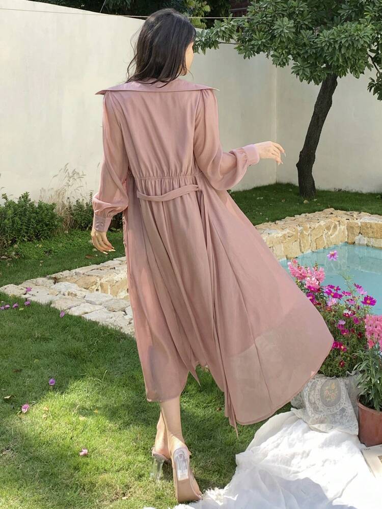 Solid Color Belted Mid-Length Dress For Women, Fall Dress Long Sleeve Dress