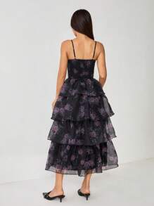 SHEIN PETITE Vestido negro estampado retro con cuello de encaje y diseño multicapa tipo pastel - Negro - Ver 2