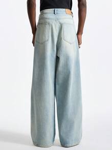 NEON BLANC Men's Street Style Light Blue Fashion Loose Fit Wide Leg Long Denim Jeans